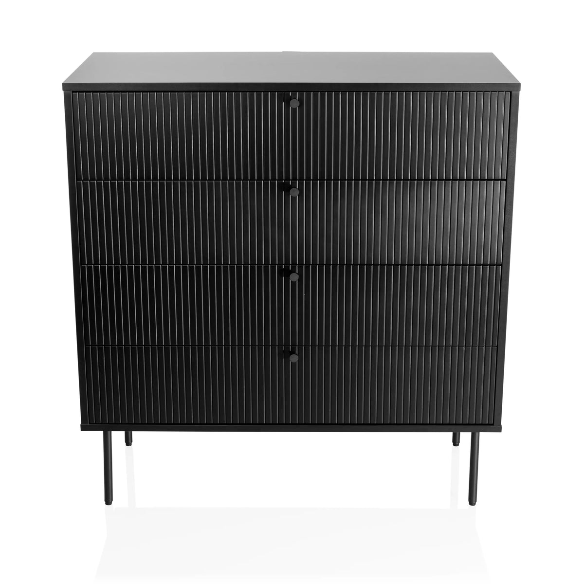 Cómoda negra KARBY K con cuatro cajones acanalados y patas delgadas de hjh LIVING – vista de 360° (vista frontal 0°)