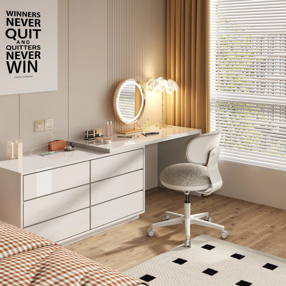 Silla Home Office SITMOTION W gris con ruedas delante de un tocador blanco de hjh OFFICE