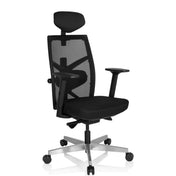 Silla de oficina profesional BELLAC negra con respaldo de malla, reposacabezas y base plateada de hjh OFFICE