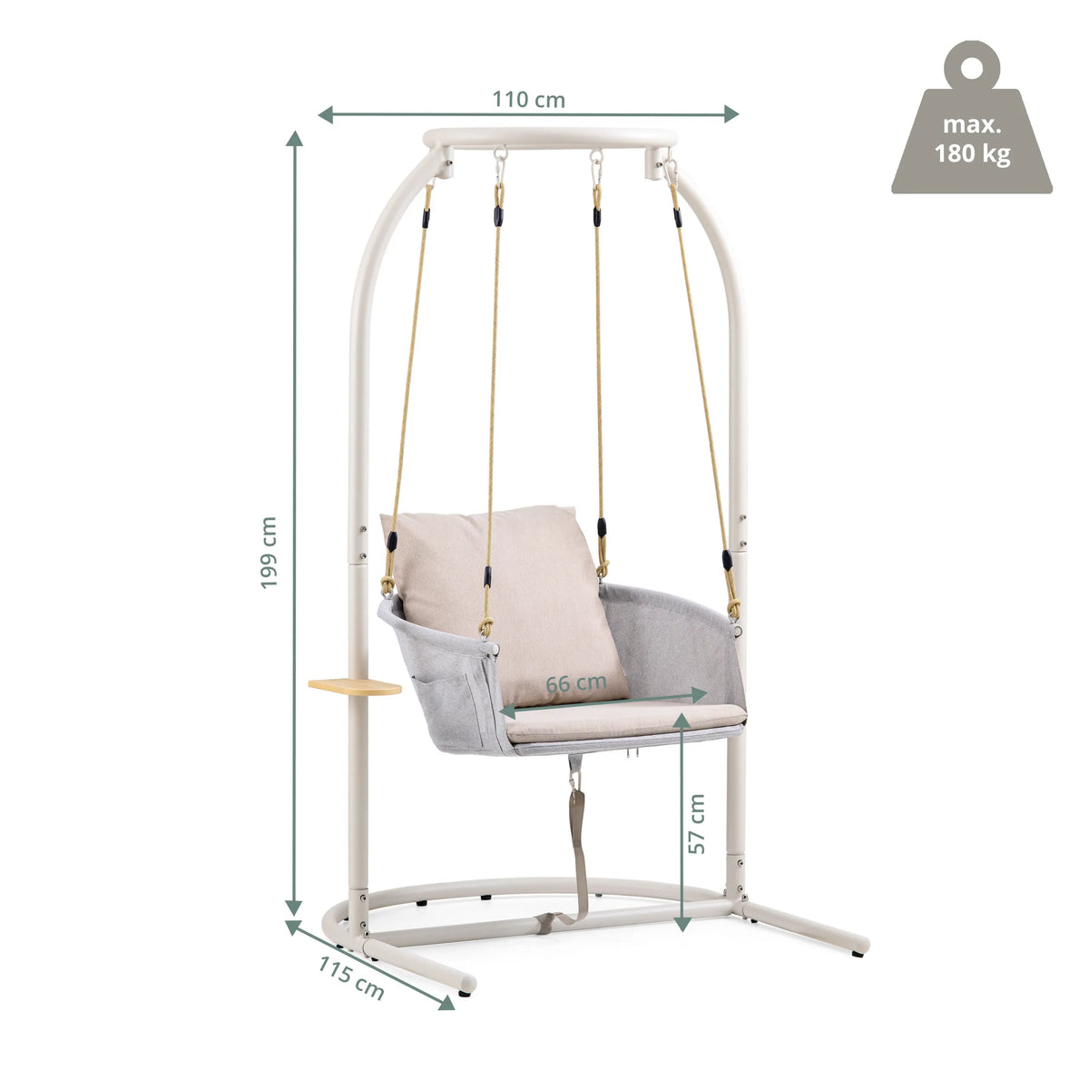 Dibujo dimensional de la Silla colgante Skylo con 199 cm de altura y 110 cm de anchura de hjh LIVING