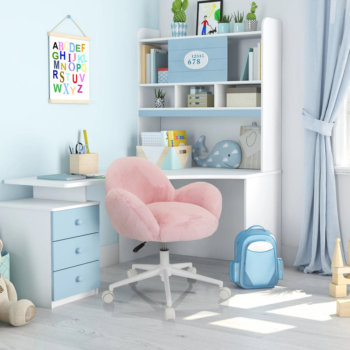 Silla giratoria para niños KID TEDDY rosa con funda esponjosa y base blanca con ruedas de hjh OFFICE