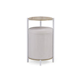 Mesa auxiliar Nestup 1 en blanco y roble con tablero redondo y taburete tapizado integrado de hjh LIVING – vista de 360° (vista frontal 0°)