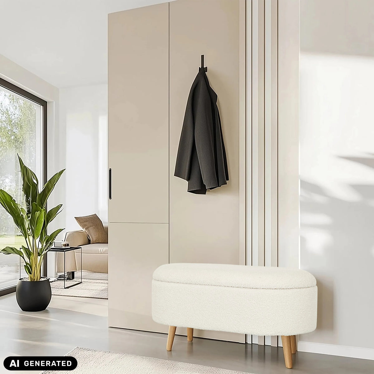 Banco blanco STORIANO con funda de tela y patas de madera clara de hjh LIVING (imagen generada por IA)