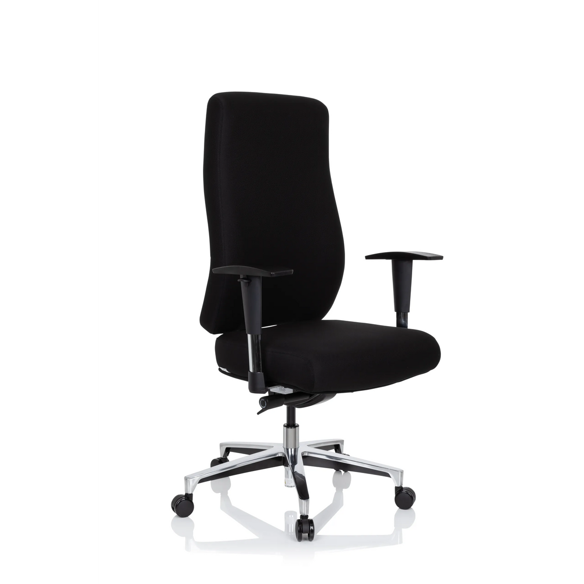 Silla de oficina profesional FORCOM negra con reposabrazos y base de cinco ruedas de hjh OFFICE – vista de 360° (vista frontal en diagonal 40°)