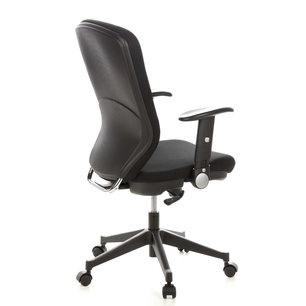 Silla de oficina profesional TRAFFIC 30 negra con reposabrazos y base de cinco ruedas de hjh OFFICE – vista de 360° (vista trasera en diagonal 120°)