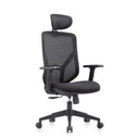Silla Home Office BLACORE en negro con respaldo de malla, reposacabezas y reposabrazos de MyBuero