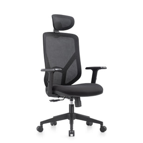 Silla Home Office BLACORE en negro con respaldo de malla, reposacabezas y reposabrazos de MyBuero