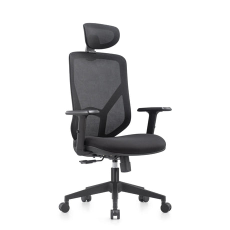 Silla Home Office BLACORE en negro con respaldo de malla, reposacabezas y reposabrazos de MyBuero