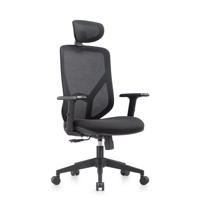 Silla Home Office BLACORE en negro con respaldo de malla, reposacabezas y reposabrazos de MyBuero