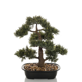 Planta artificial BONSAI en forma de bonsai verde en un cuenco negro con guijarros de hjh OFFICE