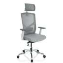 Silla de oficina profesional BRETON PRO W en gris con respaldo de malla, reposacabezas y base en estrella plateada de hjh OFFICE