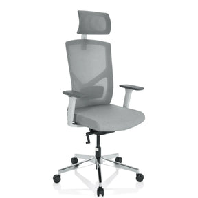 Silla de oficina profesional BRETON PRO W en gris con respaldo de malla, reposacabezas y base en estrella plateada de hjh OFFICE