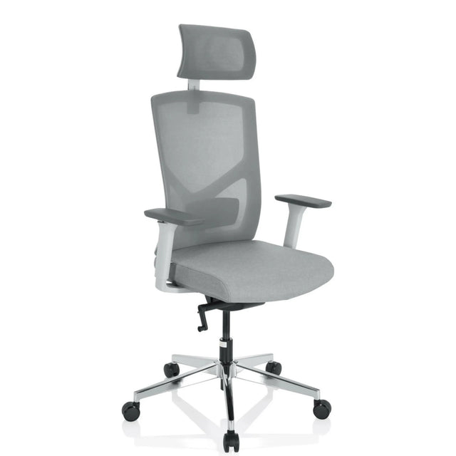 Silla de oficina profesional BRETON PRO W en gris con respaldo de malla, reposacabezas y base en estrella plateada de hjh OFFICE