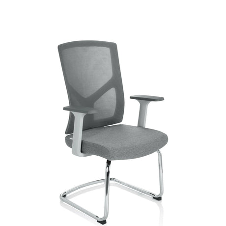 Silla viga voladiza BRETON V W gris con respaldo de malla, reposabrazos y estructura de patín de hjh OFFICE
