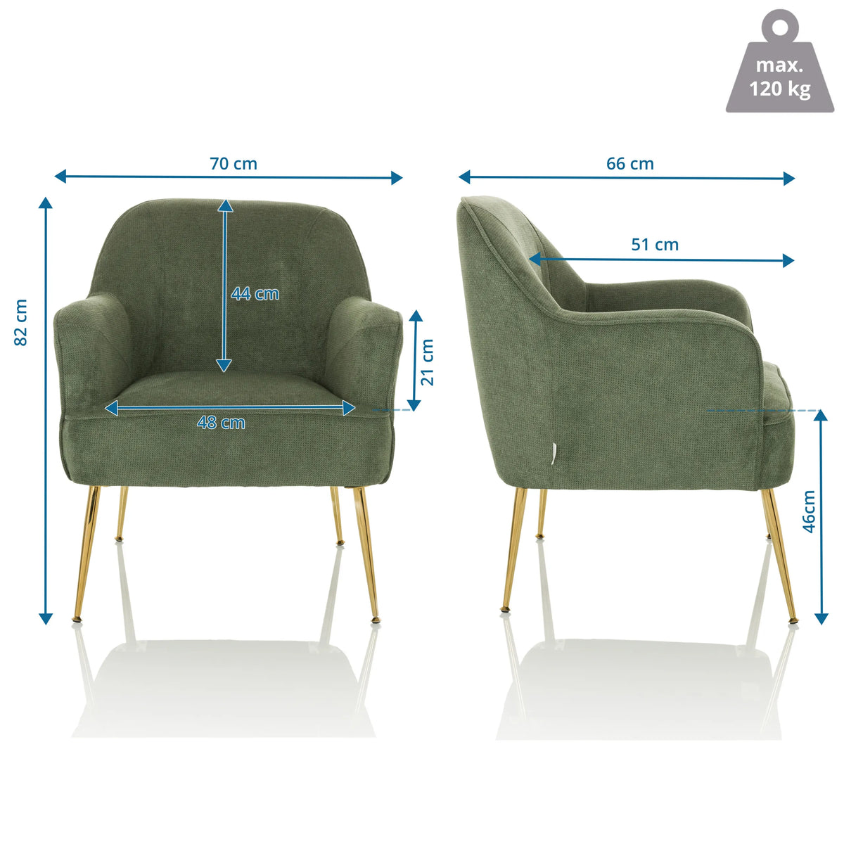 Dibujo dimensional del Sillón de diseño THASSOS con un ancho de 70 cm y una altura de 82 cm de hjh LIVING