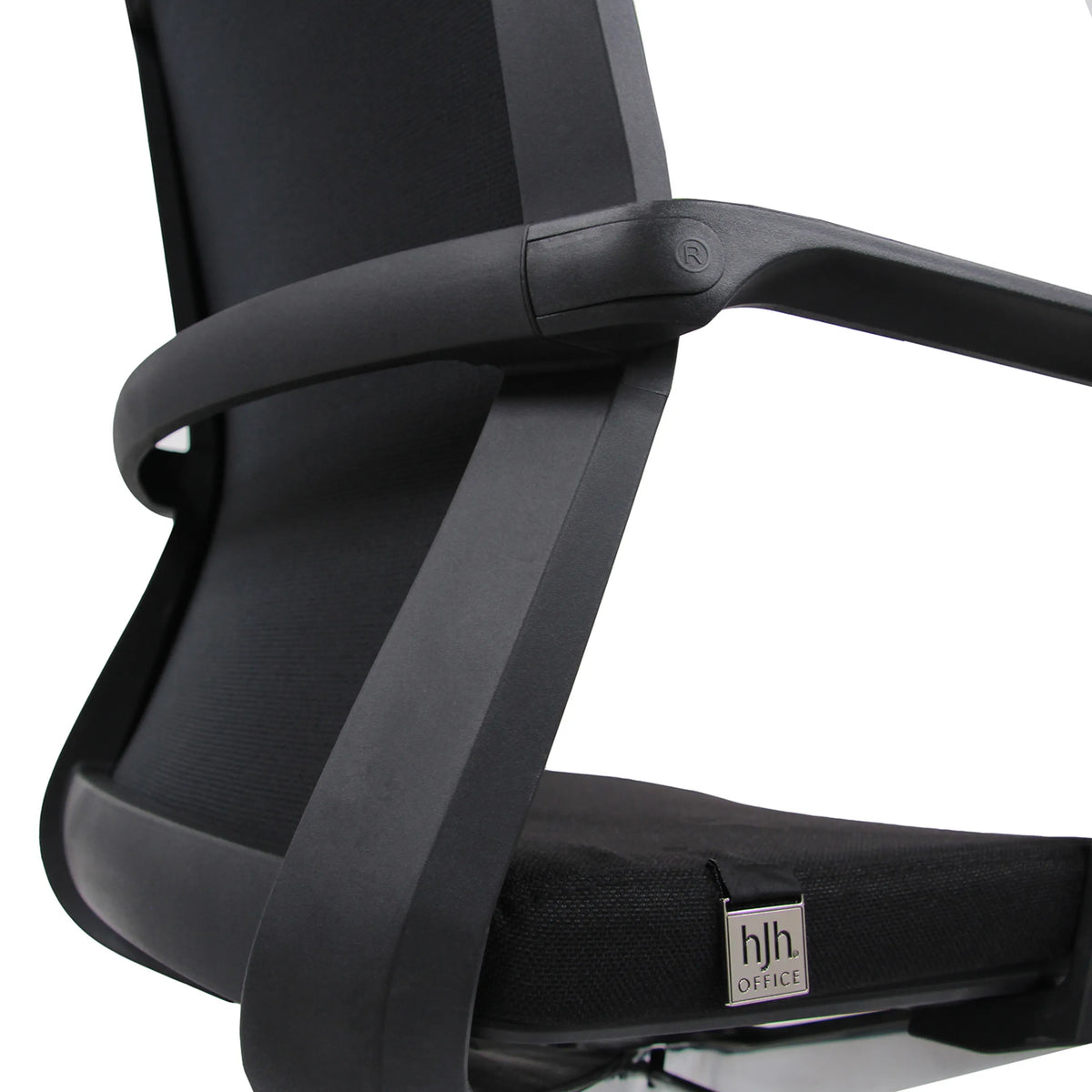 Reposabrazos y borde del asiento con logo de la silla de oficina profesional MOVE-TEC 3D en negro de hjh OFFICE