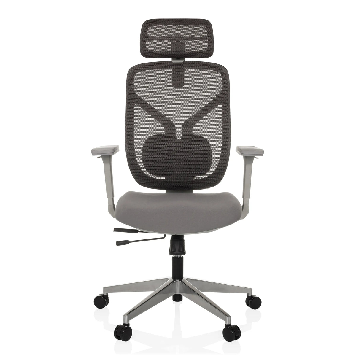 Silla alta gama CASSILIS W gris con respaldo de malla y base de cinco ruedas de hjh OFFICE – vista de 360° (vista frontal 0°)