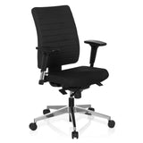Silla de oficina profesional PRO-TEC 350 negra con reposabrazos y base plateada de cinco ruedas de hjh OFFICE – vista de 360° (vista frontal en diagonal 40°)