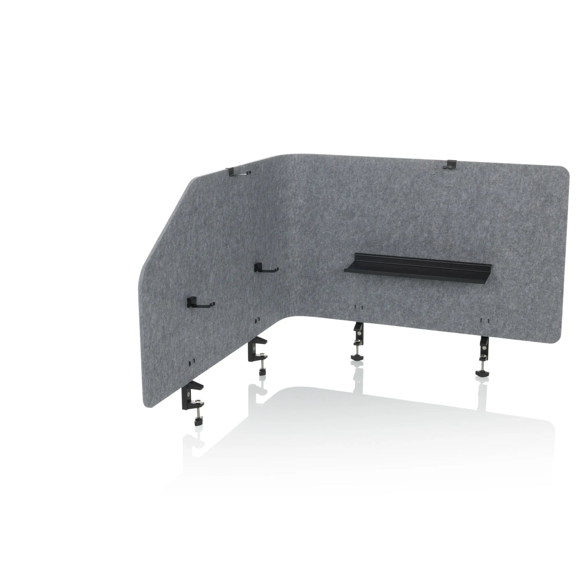 Separador de mesa FLEXMIUT T TOP gris con estante integrado y pinzas de fijación de hjh OFFICE – vista de 360° (vista frontal 15°)