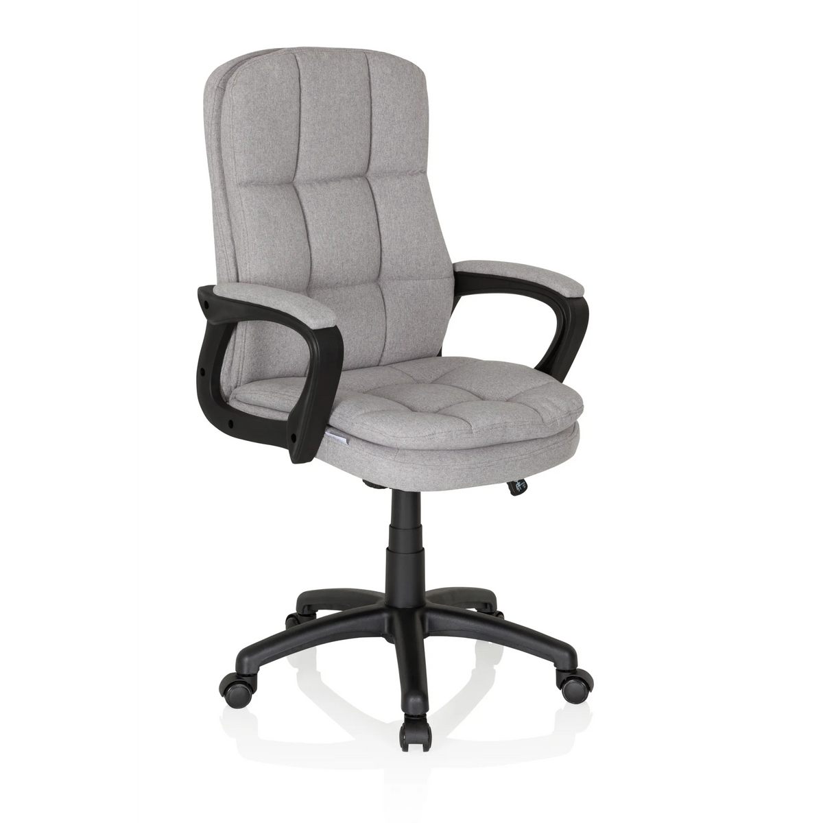 Sillón de oficina Home Office RELAX CX 120 gris con tapizado acolchado y base de cinco ruedas de MyBuero – vista de 360° (vista frontal en diagonal 40°)