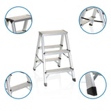 Escalera plegable de aluminio SOLID con tres peldaños y vistas detalladas de las articulaciones y pies antideslizantes de hjh OFFICE