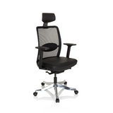 Sillón de alta gama SENATOR PRO negro con respaldo de malla, reposacabezas y base de cinco ruedas de hjh OFFICE – vista de 360° (vista frontal en diagonal 40°)