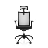 Silla de oficina profesional ASPEN PRO negra con respaldo de malla, reposacabezas y base de cinco ruedas de hjh OFFICE – vista de 360° (vista frontal 0°)