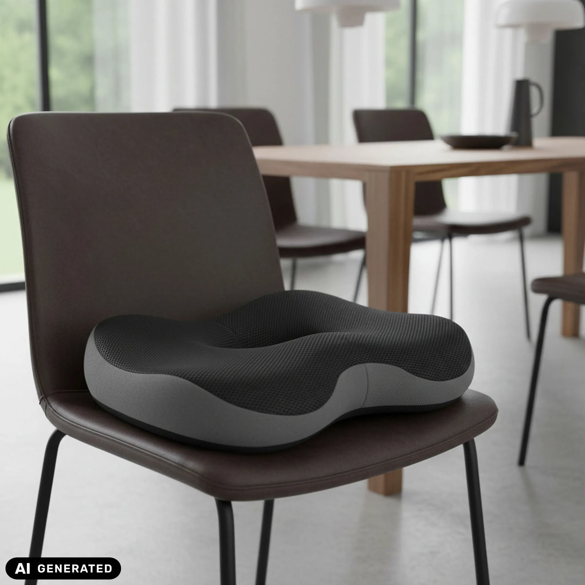 Cojín del asiento MEDISIT VI negro sobre una silla marrón de hjh OFFICE (imagen generada por IA)