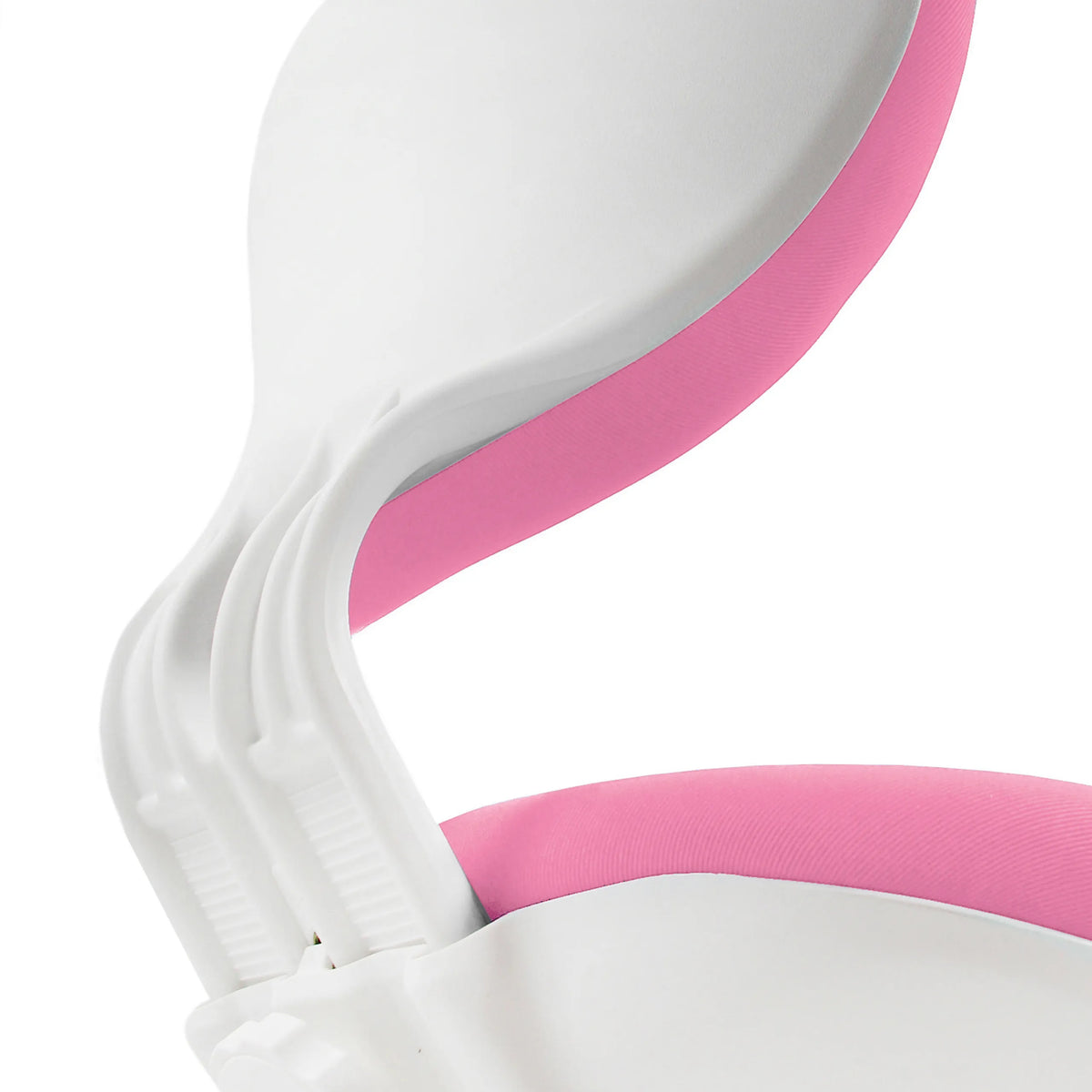 Vista lateral detallada de la carcasa de plástico blanco y el acolchado rosa de la silla giratoria para niños KID VIVO de hjh OFFICE