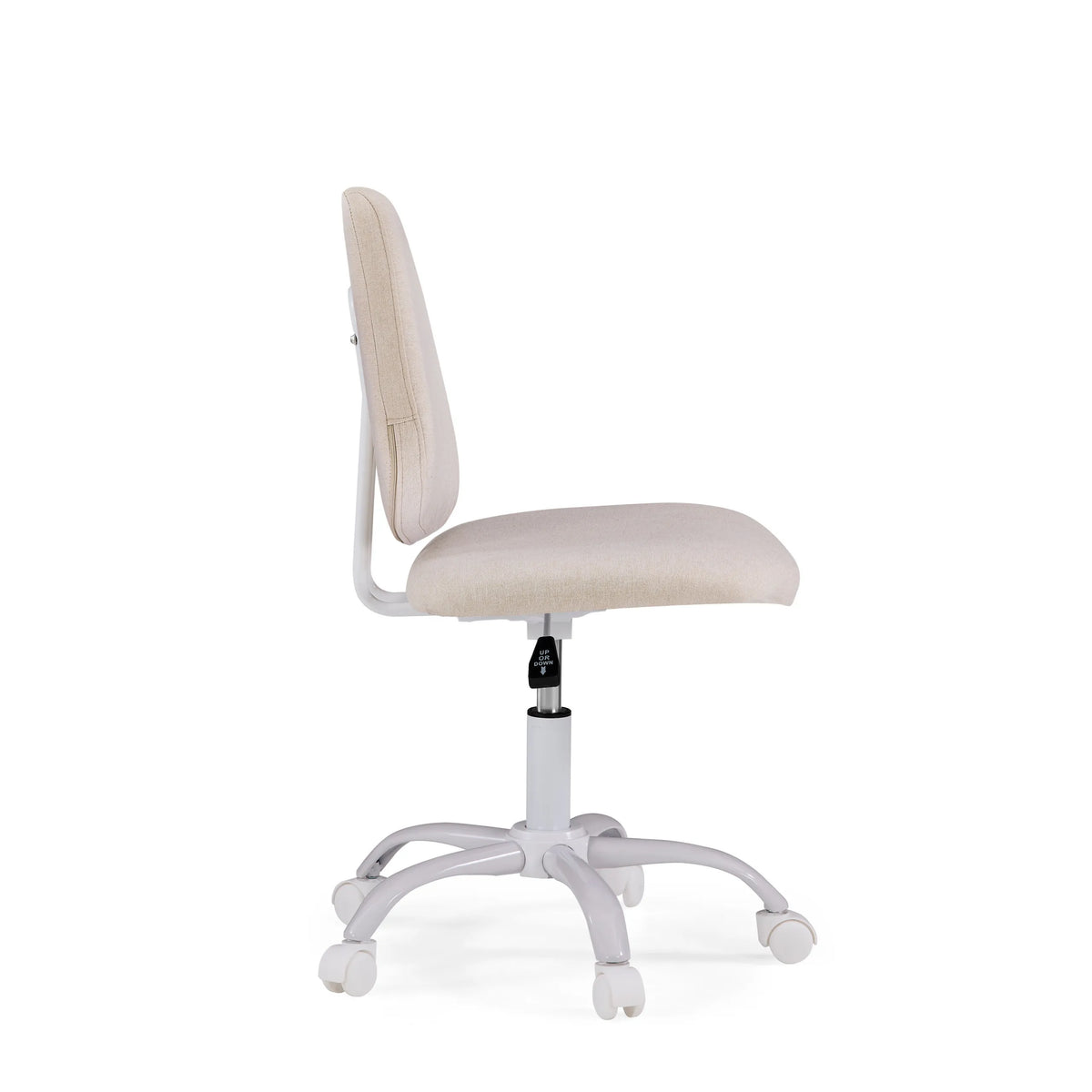 Vista lateral de la silla giratoria para niños Lumikid en beige con base de cinco radios blanca y ruedas de hjh OFFICE