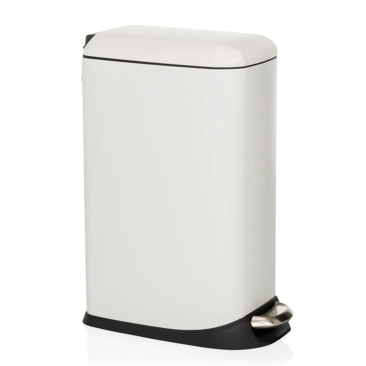 Weißer Mülleimer CLEAN SLIM mit Trittpedal und abgerundetem Deckel von hjh OFFICE – 360-Grad-Ansicht (schräge Frontansicht 60°)