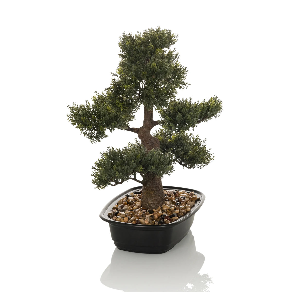 Planta artificial verde BONSAI en forma de bonsái en una maceta negra con guijarros de hjh OFFICE – vista de 360° (vista trasera 180°)