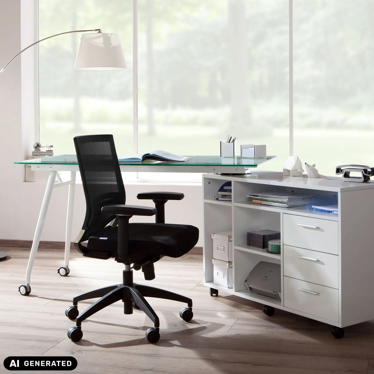 Silla de oficina profesional PORTO BASE en negro con respaldo de malla y reposabrazos de hjh OFFICE (imagen generada por IA)