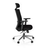 Sillón de oficina profesional CAPTIVA negro con respaldo de malla, reposacabezas y base de cinco ruedas de hjh OFFICE – vista de 360° (vista lateral 80°)
