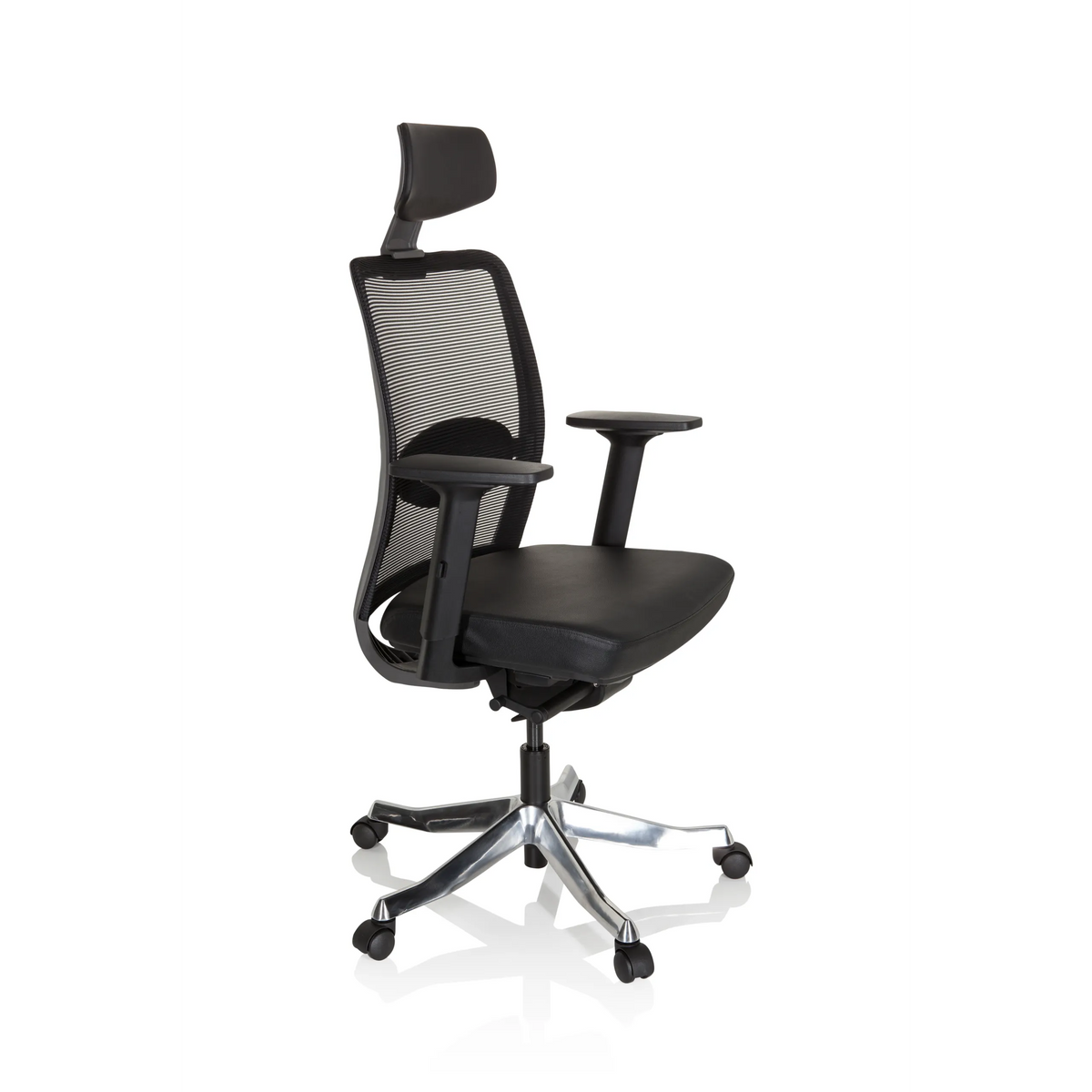 Sillón de alta gama SENATOR PRO negro con respaldo de malla, reposacabezas y base de cinco ruedas de hjh OFFICE – vista de 360° (vista frontal en diagonal 60°)