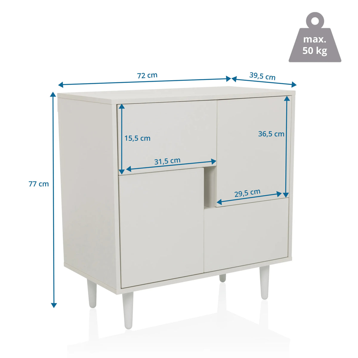 Maßzeichnung der Kommode LYKKJA mit einer Breite von 72 cm und einer Höhe von 77 cm von hjh LIVING