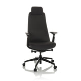 Silla de oficina profesional YUCANO negra con respaldo de malla, reposacabezas y base de cinco ruedas de hjh OFFICE – vista de 360° (vista frontal 15°)