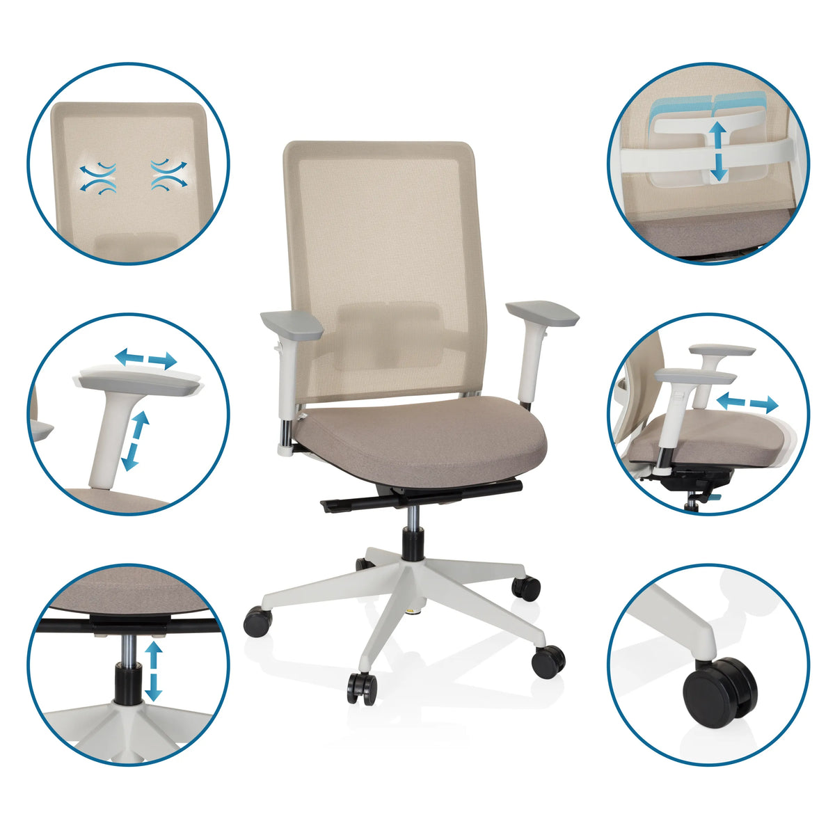 Funciones ajustables de la Silla de oficina profesional PURE WHITE en beige de hjh OFFICE