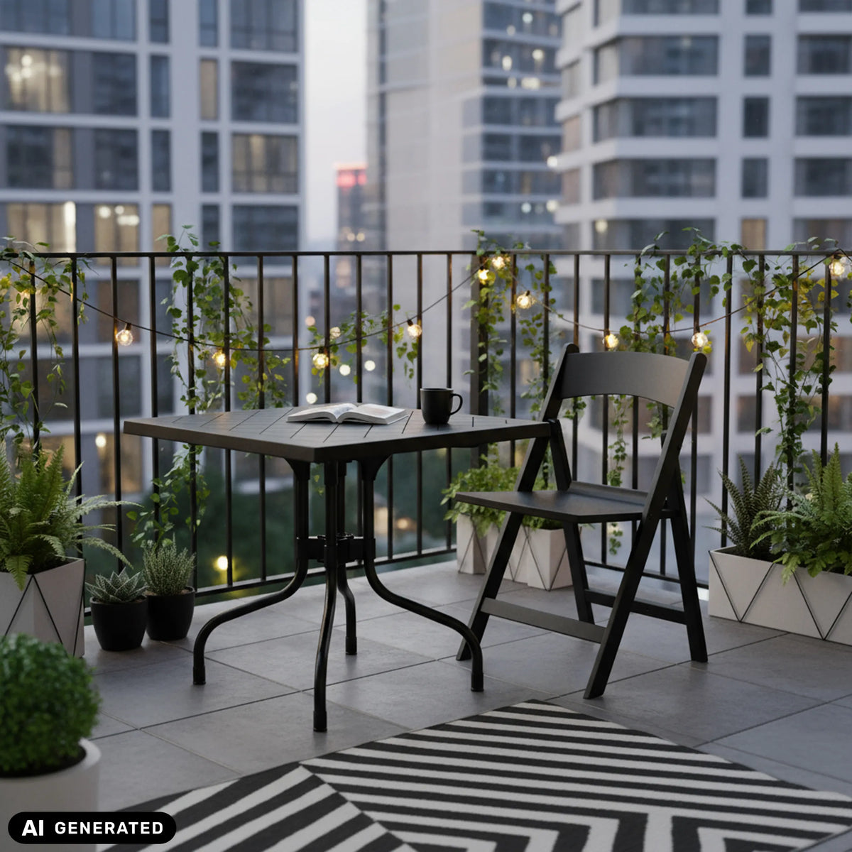 Mesa plegable TRAVANO T1 negra de 79 × 79 cm en un balcón de hjh LIVING (imagen generada por IA)