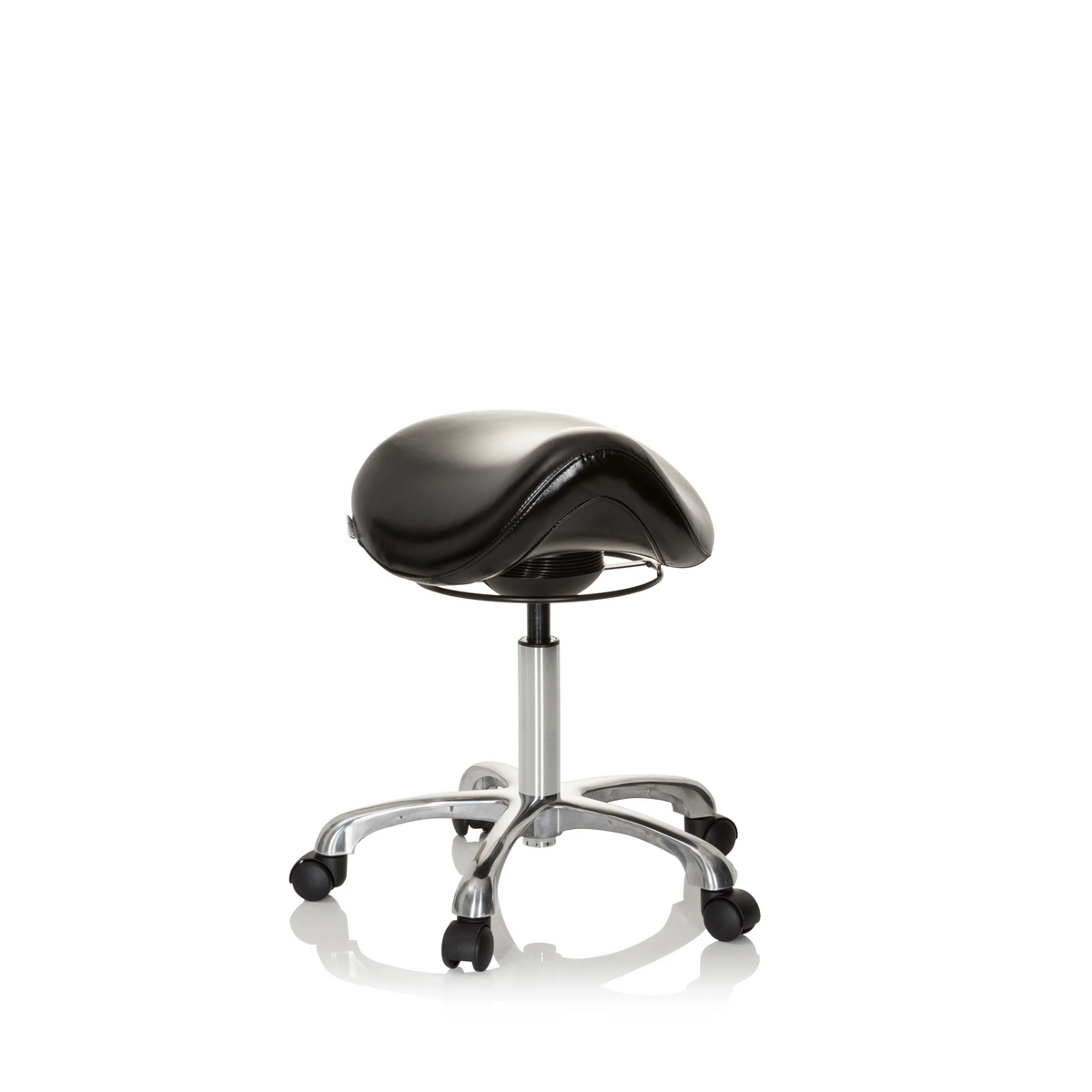 Taburete de silla de montar ORTHO SIT negro con cruceta para pies y cinco ruedas de hjh OFFICE – vista de 360° (vista frontal 20°)