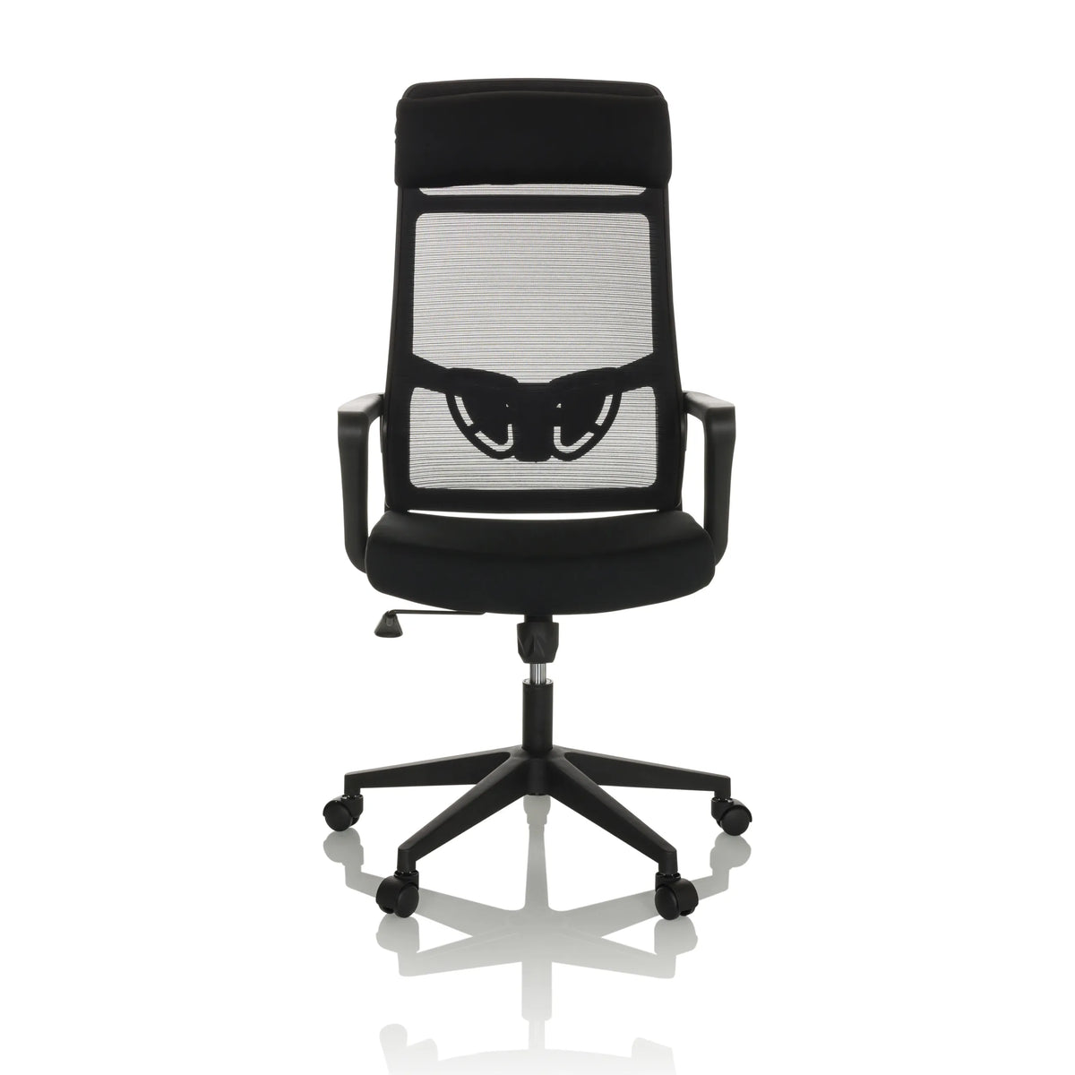 Silla Home Office NEKEO negra con respaldo de malla y base de cinco ruedas de hjh OFFICE – vista de 360° (vista frontal 0°)