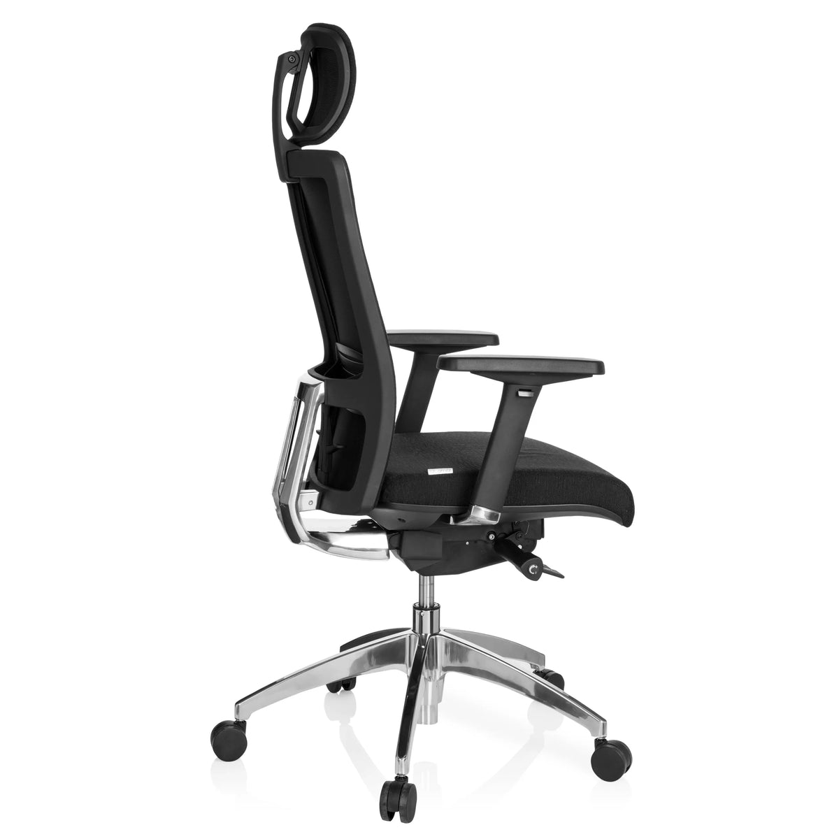 Silla de oficina profesional ASTRA LUX negra con reposacabezas, reposabrazos y base de cinco ruedas de hjh OFFICE – vista de 360° (vista lateral 100°)