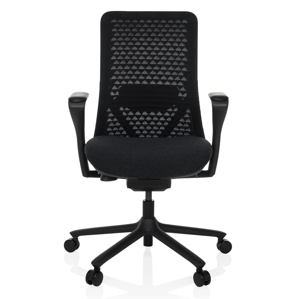 Silla alta gama VERVIO negra con respaldo de malla y base de cinco ruedas de hjh OFFICE – vista de 360° (vista frontal 0°)