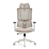 Silla de oficina profesional ERGOMY W beige con respaldo de malla y base blanca de cinco ruedas de MyBuero – vista de 360° (vista frontal 0°)