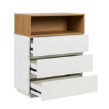 Cómoda MELMO K en blanco y roble con tres cajones parcialmente abiertos de hjh LIVING