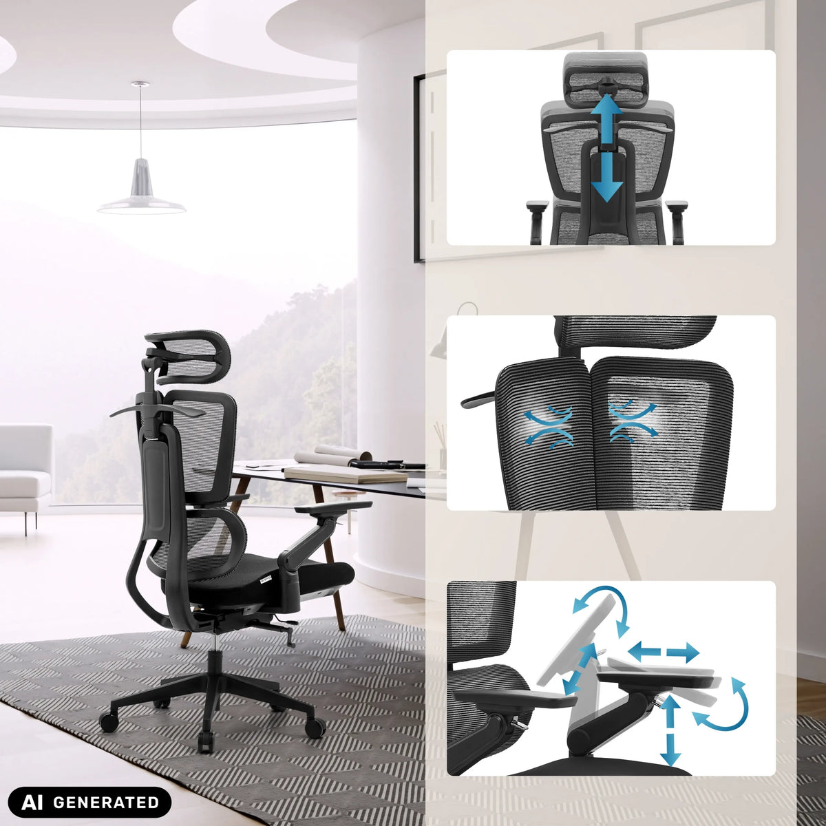 Reposacabezas, respaldo y reposabrazos ajustables de la silla de oficina profesional Ergo U2 Flex3 de hjh OFFICE (imagen generada por IA)