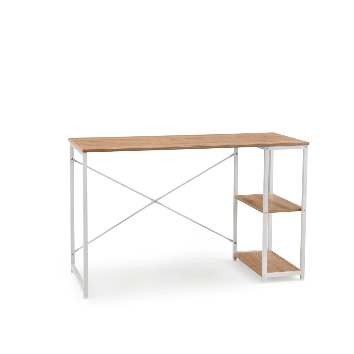 Escritorio Easy Up2 en blanco y roble con estante integrado y travesaño en X de hjh LIVING – vista de 360° (vista frontal 15°)