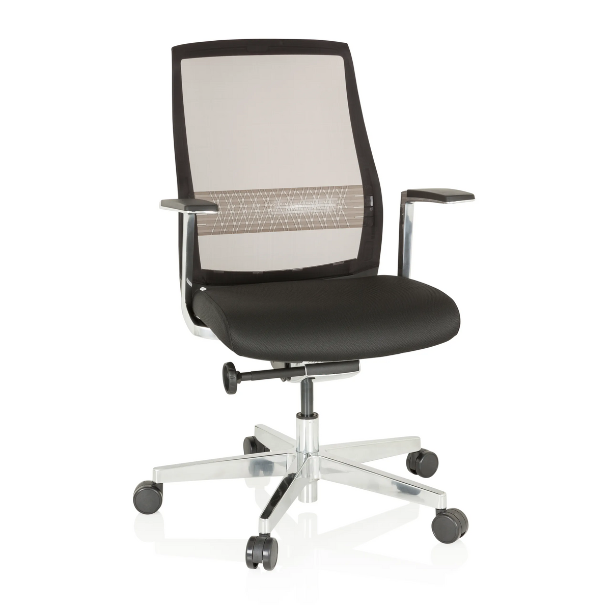 Silla alta gama FOUNTAINE PRO negra con respaldo de malla y base de cinco ruedas de hjh OFFICE – vista de 360° (vista frontal 20°)