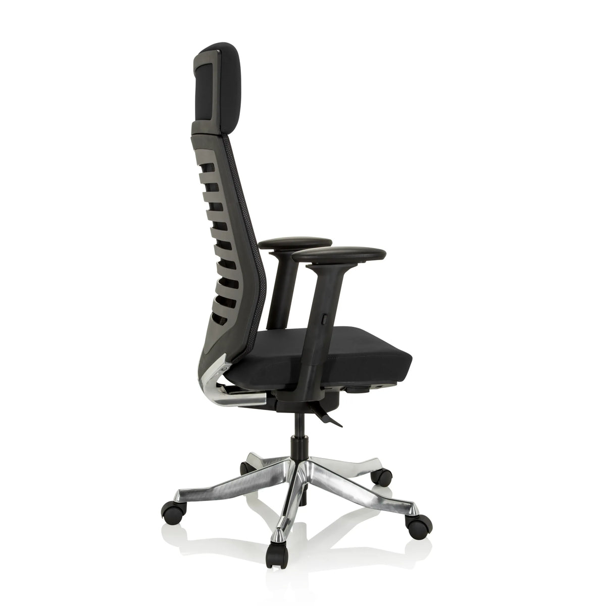 Silla de oficina profesional ASGON negra con respaldo de malla y base de cinco ruedas de hjh OFFICE – vista de 360° (vista lateral 100°)