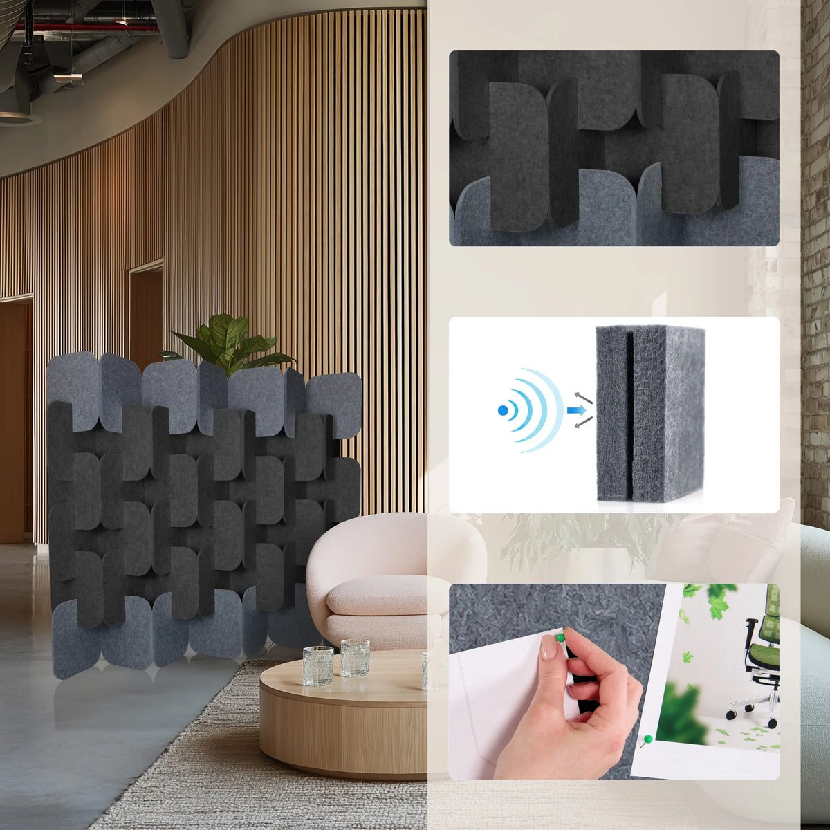 Separadores FLEXMIUT PLUG en gris y gris oscuro en varias vistas y detalles de hjh OFFICE
